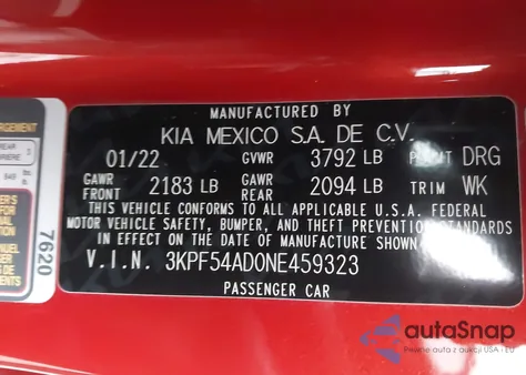 2022 Kia Forte Gt-Line z USA, uszkodzony, nr VIN 3KPF54AD0NE459323